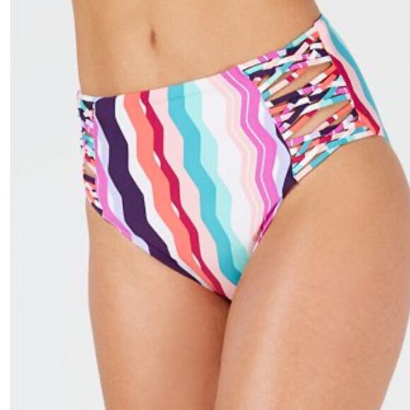 Bar III Women's Multi Color Waves Strappy High-Waist Bikini Swim Bottoms sz S - Picture 1 of 4